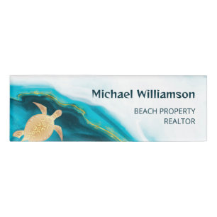 Gold Sea Turtle Teal Coastal Name Tag