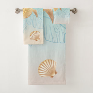 Gold Sea Turtle Tropical Leaves Coastal  Bath Towel Set