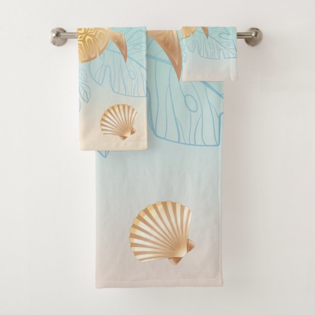 Gold Sea Turtle Tropical Leaves Coastal  Bath Towel Set (Insitu)