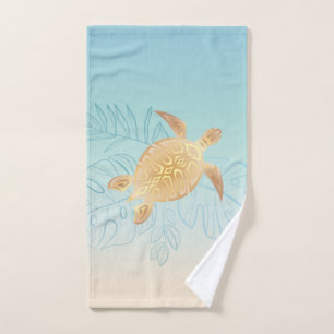 Gold Sea Turtle Tropical Leaves Hand Towel