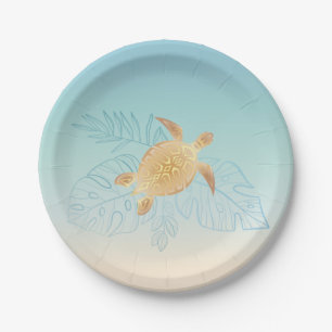 Gold Sea Turtle Tropical Leaves Paper Plate