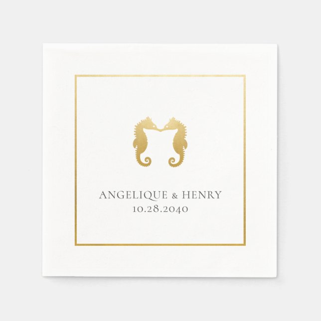 Gold Seahorse Personalized Beach Wedding Napkin (Front)