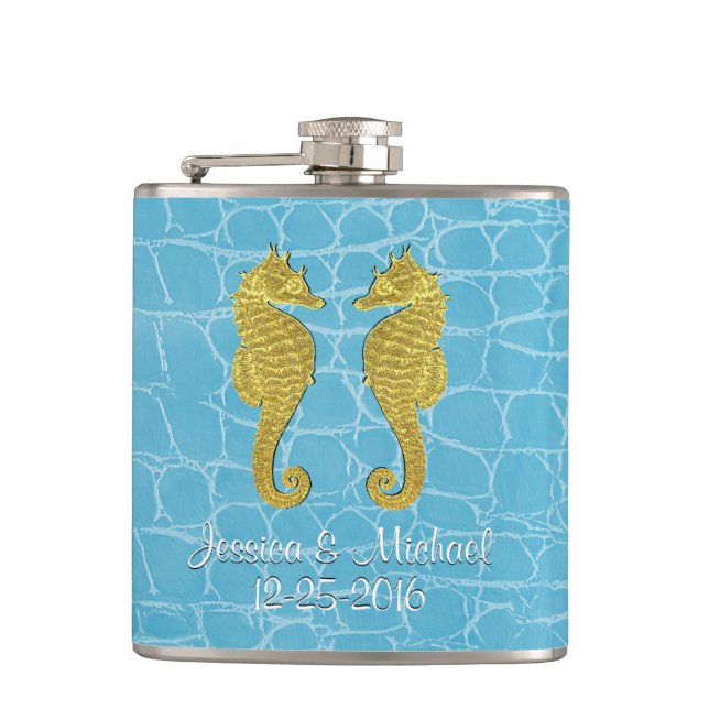 Gold Seahorses Blue Alligator Personalize Hip Flask (Front)