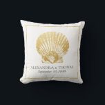 Gold Seashell Beach Wedding Date Keepsake Throw Pillow<br><div class="desc">Gold seashell on a modern beach wedding names and date keepsake gift pillow which can also double as chic wedding decor at a modern topical reception.</div>