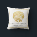 Gold Seashell Beach Wedding Date Keepsake Throw Pillow<br><div class="desc">Gold seashell on a modern beach wedding names and date keepsake gift pillow which can also double as chic wedding decor at a modern topical reception.</div>