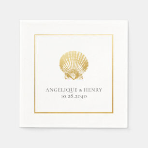 Gold Seashell Custom Names Beach Wedding Napkin