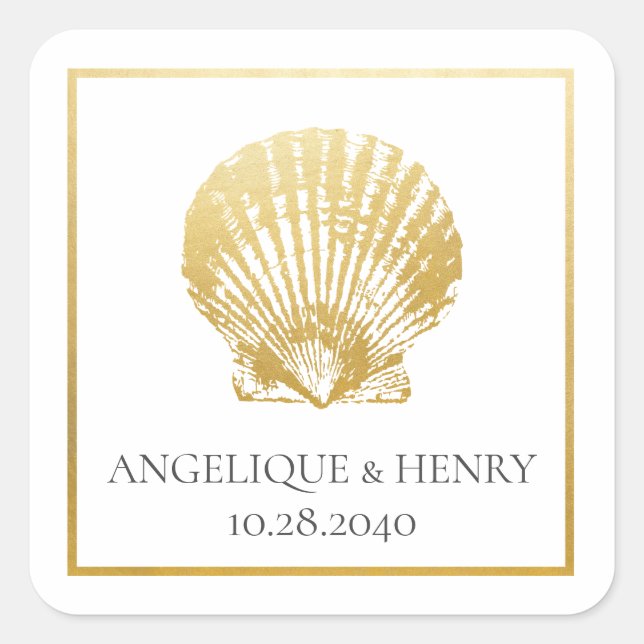 Gold Seashell Elegant Coastal Beach Square Sticker (Front)