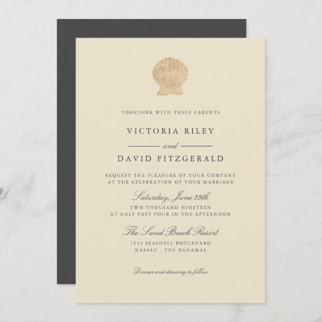 Gold Seashell Elegant Ocean Beach wedding Invitation (Front/Back)