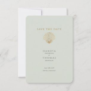 Gold Seashell Mute Sage Wedding Save the Date
