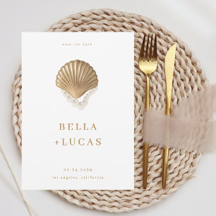 Gold Seashell & Pearls QR Code Coastal Wedding Save The Date