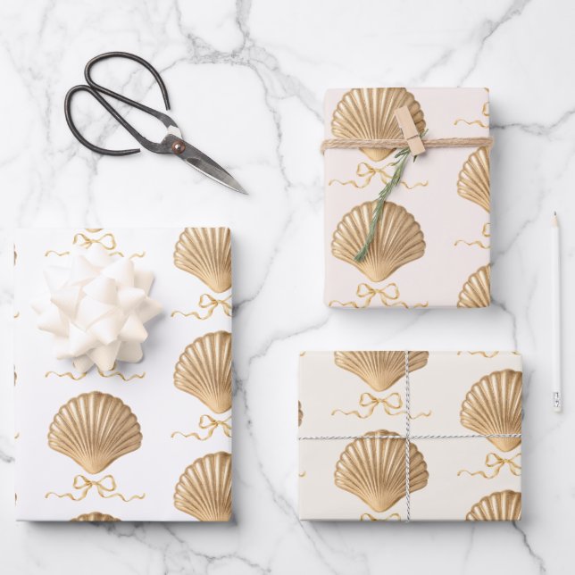 Gold Seashell with Coquette Bow Christmas Gift Wrapping Paper Sheet (Front)