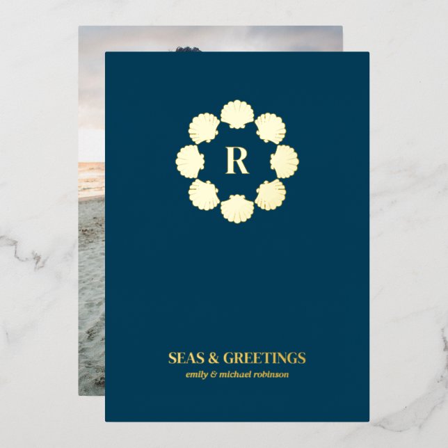 Gold Seashell Wreath Seas And Greetings Photo Foil Holiday Card (Front/Back)