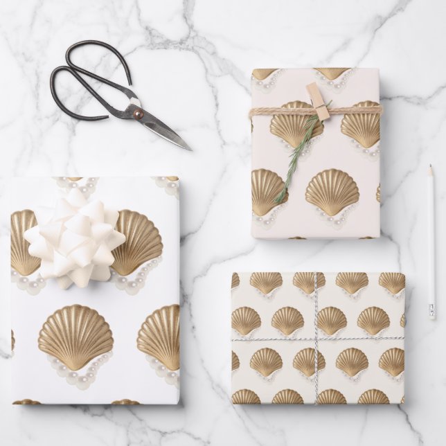 Gold Seashells Pearls Birthday Bridal Shower Gift Wrapping Paper Sheet (Front)