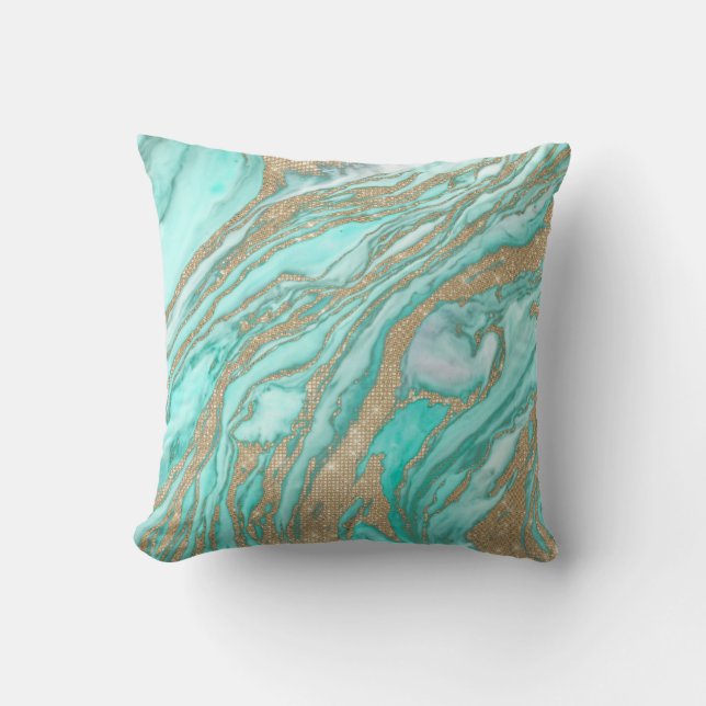 Gold Sequin Glitter Teal Smoky Marble Throw Pillow (Front)