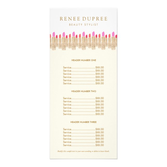 Gold Sequin Lipstick Makeup Artist Price List Menu (Front)