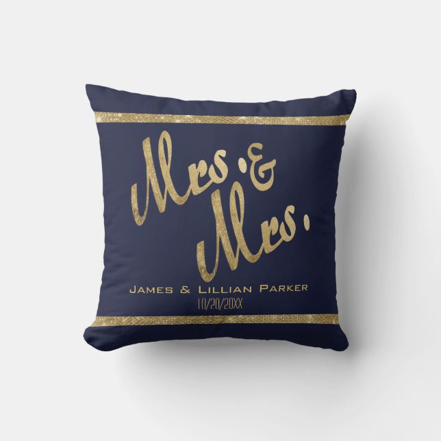 Gold Sequin Stripe Navy Blue Mr. and Mrs. Couples Throw Pillow (Front)