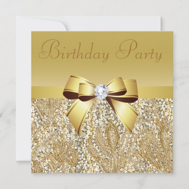 Gold Sequins, Bow & Diamond Birthday Party Invitation (Front)