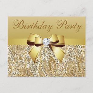 Gold Sequins, Bow & Diamond Birthday Party Invitation