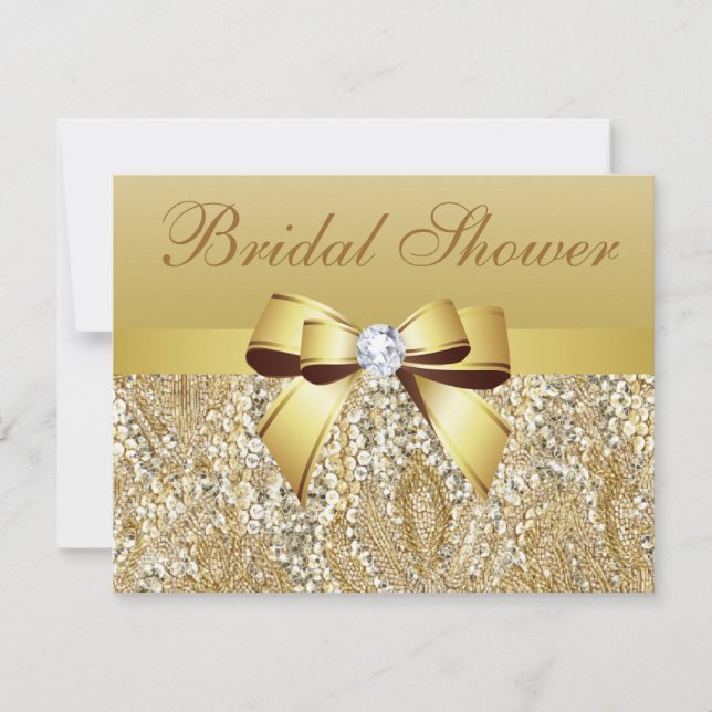 Gold Sequins, Bow & Diamond Bridal Shower Invitation (Front)