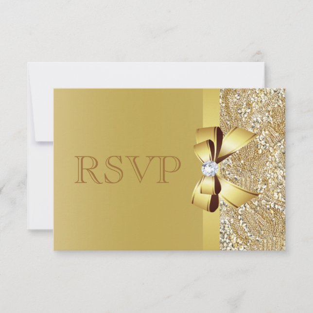 Gold Sequins, Bow & Diamond RSVP Card (Front)