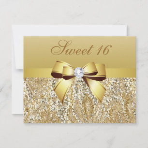 Gold Sequins, Bow & Diamond Sweet 16 Invitation