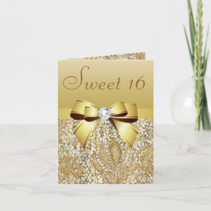 Gold Sequins, Bow & Diamond Sweet 16 Invitation