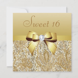 Gold Sequins, Bow & Diamond Sweet 16 Invitation