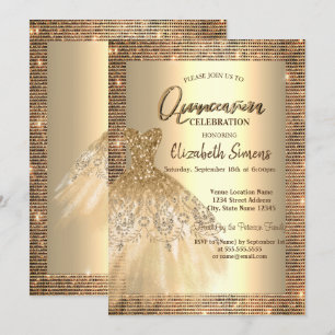 Gold Sequins,Chic Dress Quinceañera Invitation