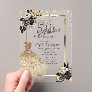 Gold Sequins Dress Black Roses 50th Birthday  Acrylic Invitations