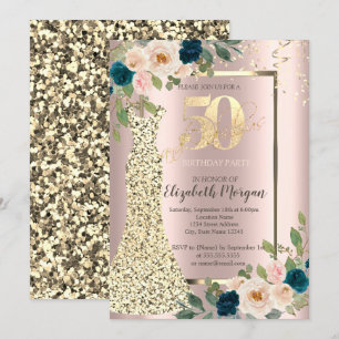 Gold Sequins Dress,Blue Rose Gold 50th Birthday  Invitation