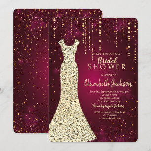 Gold Sequins Dress,Confetti Burgundy Bridal Shower Invitation