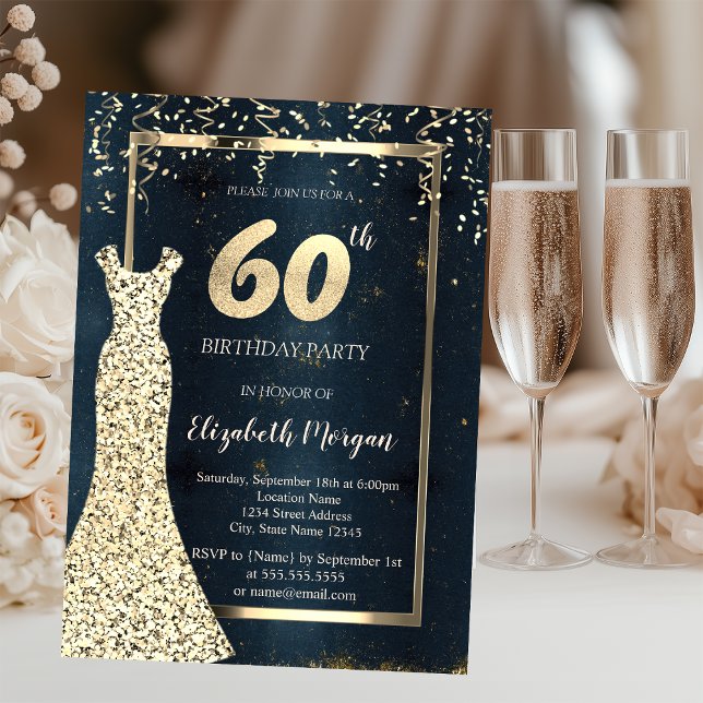 Gold Sequins Dress Dark,Frame, Blue 60th Birthday  Invitation (Creator Uploaded)