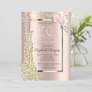 Gold Sequins Dress,Flower Rose Gold 50th Birthday  Invitation