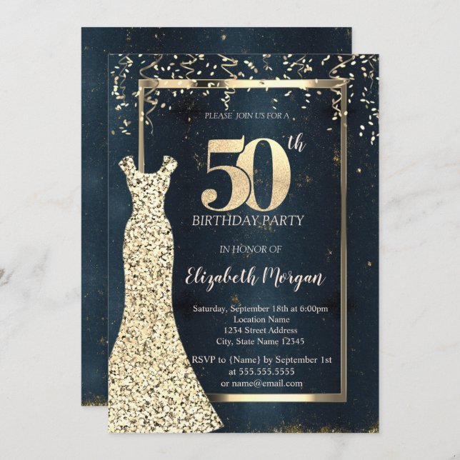 Gold Sequins Dress Frame,Dark Blue 50th Birthday  Invitation (Front/Back)