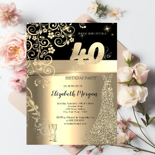 Gold Sequins Dress Glass Flowers 40th Birthday Invitation