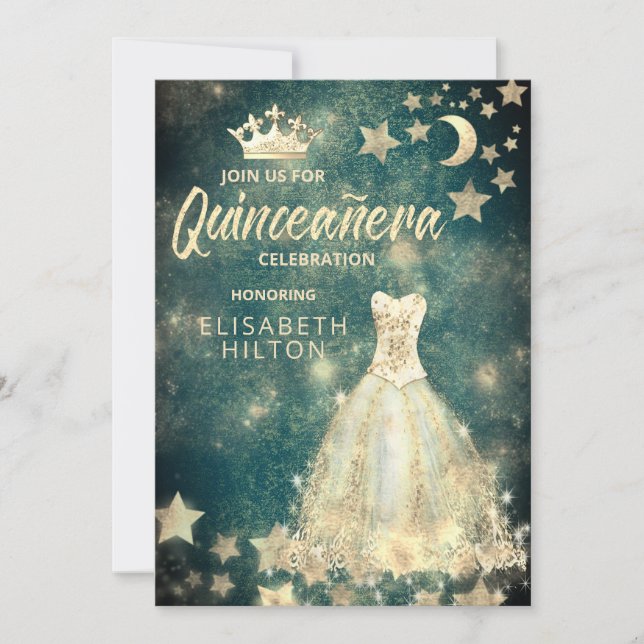 Gold Sequins dress moon stars Quinceañera green Invitation (Front)