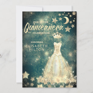 Gold Sequins dress moon stars Quinceañera green Invitation