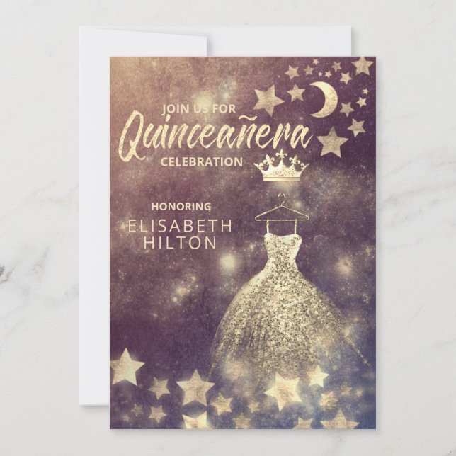 Gold Sequins dress moon stars Quinceañera Invitati Invitation (Front)