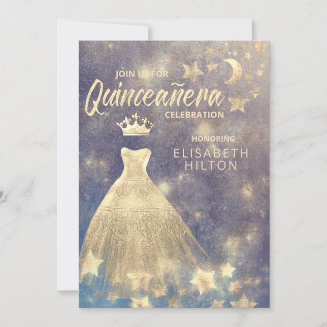 Gold Sequins dress moon stars Quinceañera  Invitation (Front)