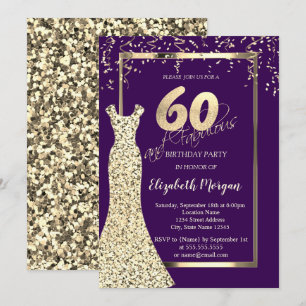 Gold Sequins Dress Purple 60th Birthday  Invitation