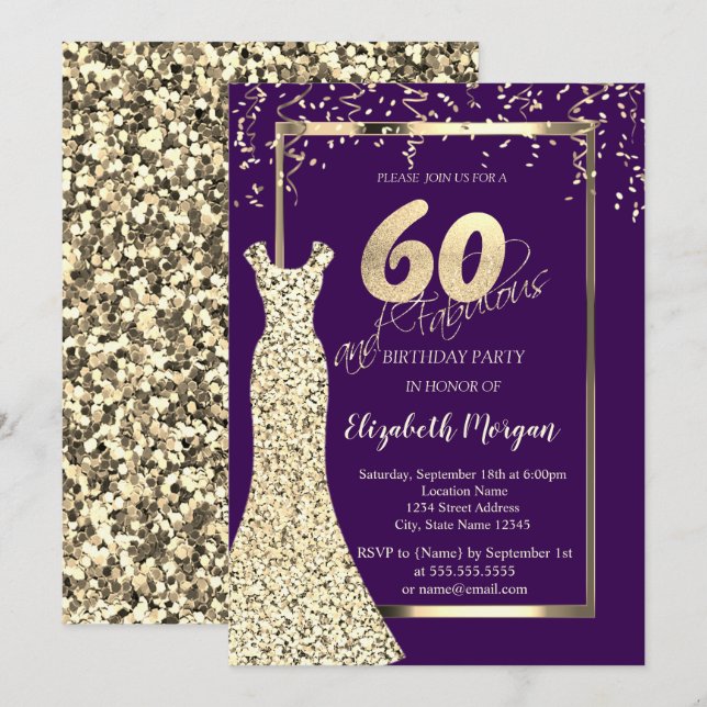 Gold Sequins Dress Purple 60th Birthday  Invitation (Front/Back)