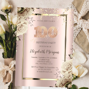 Gold Sequins,Flowers Rose Gold 100th Birthday   Invitation