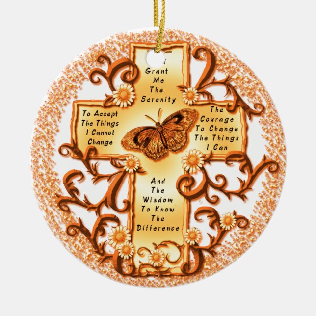 Gold Serenity Cross round ceramic ornament (Front)