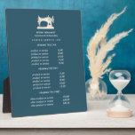 Gold Sewing Machine Seamstress Teal pricing  Plaque<br><div class="desc">Understated design displays your services, price list or business information beneath an illustration of a vintage sewing machin in faux gold over a teal background and your name or business name. Includes three customizable headings and body text fields. To adjust layout, enter your text and then use the Customize function...</div>