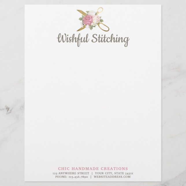 Gold Sewing Scissors & Shabby Chic Floral Roses Letterhead (Front)