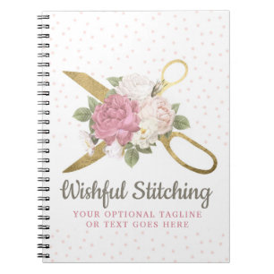 Gold Sewing Scissors & Shabby Chic Floral Roses Notebook