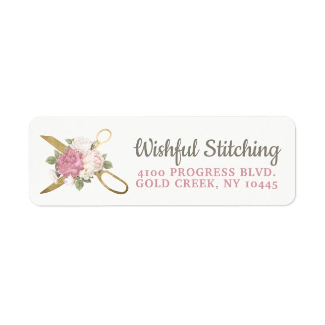 Gold Sewing Scissors Shabby Floral Return Address (Front)