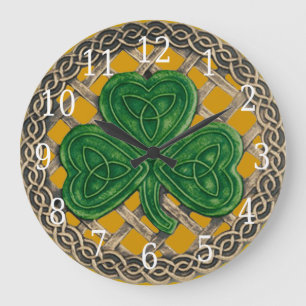 Gold Shamrock And Celtic Knots Round Clock