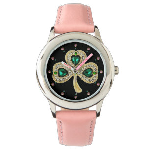 GOLD SHAMROCK JEWEL EMERALD GREEN HEARTS,Gemstones Watch