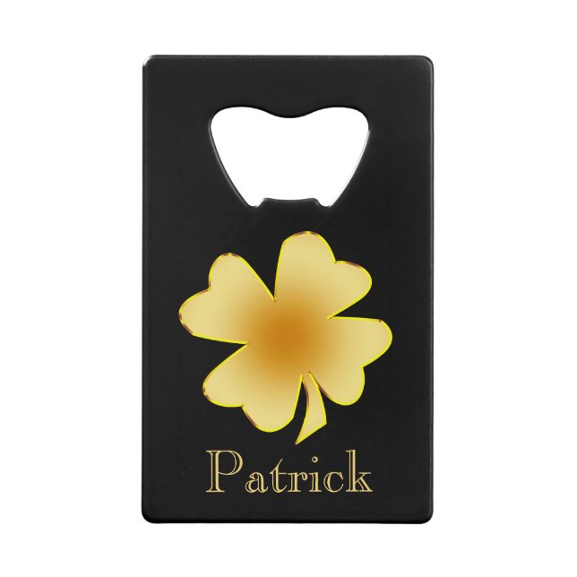 Gold Shamrock on Black Personalized Wallet Bottle Opener (Front)